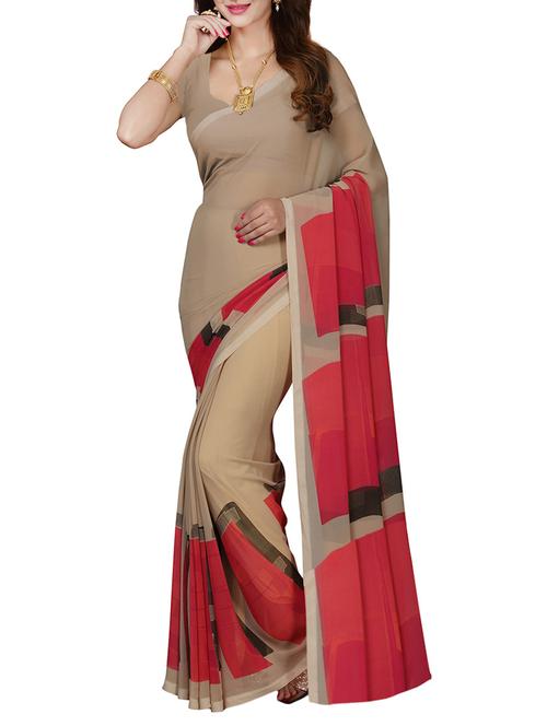 beige & red printed saree - 14083121 - Very Small Image - 1