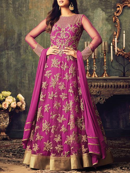 magenta net semistitched suit - 14084475 - Very Small Image - 1