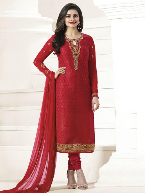 red  unstitched churidaar suit - 14084790 - Very Small Image - 1