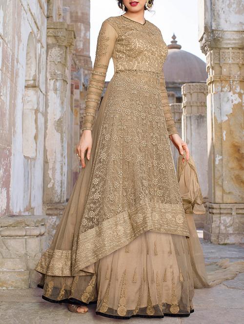 beige high low dress material - 14087008 - Very Small Image - 1