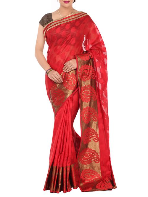 red woven saree with blouse - 14089553 - Very Small Image - 1