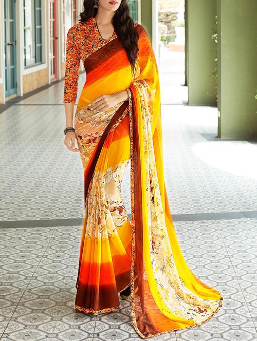 yellow colored printed georgette saree - 14090914 - Very Small Image - 1
