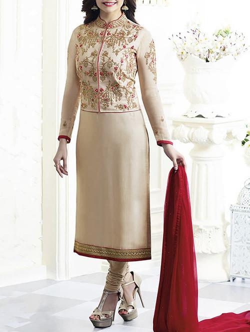 beige churidaar suits semi-stitched suit - 14092202 - Very Small Image - 1
