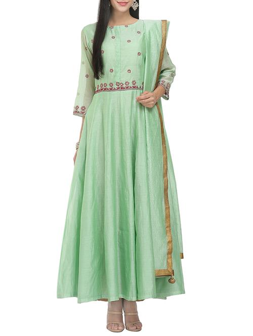 KAANCHIE NANGGIA green hand embroidered chanderi anarkali kurta - 14094414 - Very Small Image - 1