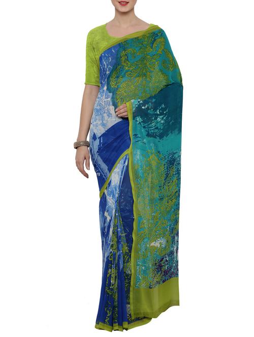 abstract printed blue saree with blouse - 14094814 - Very Small Image - 1