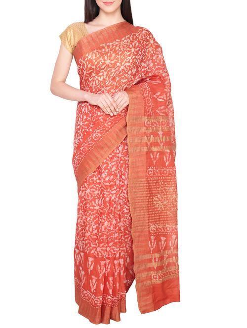 orange batik print cotton silk saree with blouse - 14095459 - Very Small Image - 1