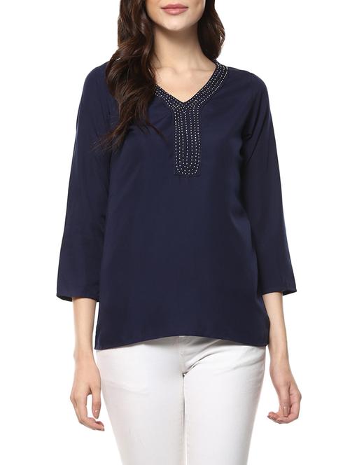 navy blue poly crepe regular top - 14100798 - Very Small Image - 1