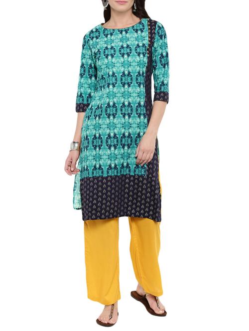 turquoise cotton straight kurta - 14101416 - Very Small Image - 1