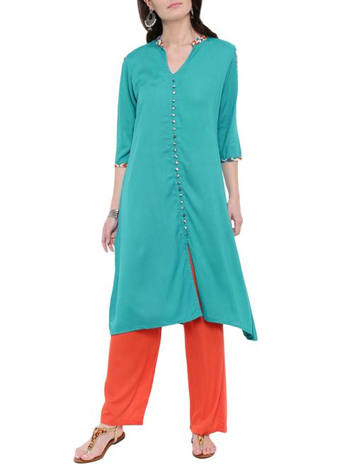 turquoise rayon a-line kurta - 14101422 - Very Small Image - 1