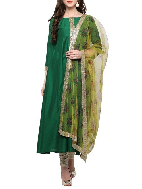 green chanderi kurta dupatta  set - 14103789 - Very Small Image - 1