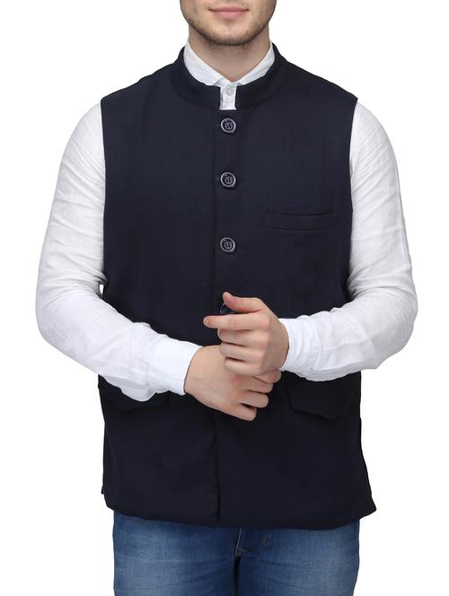 navy blue cotton nehru jacket - 14103995 - Very Small Image - 1