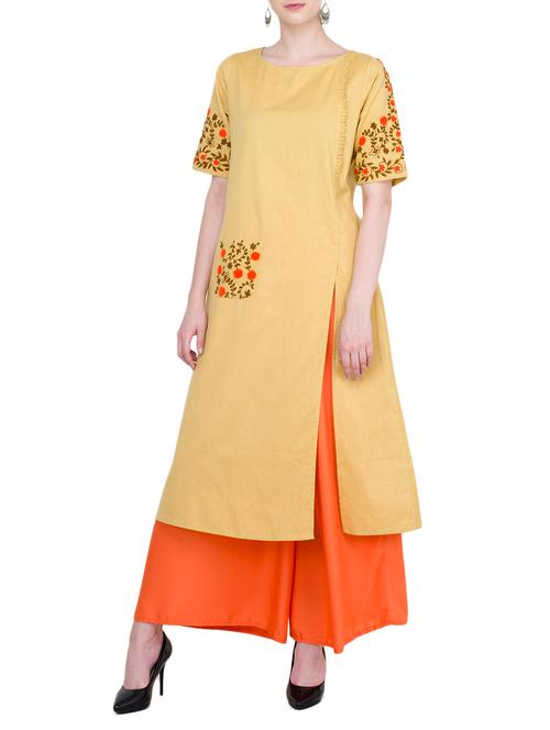 beige khadi high slit kurta - 14106567 - Very Small Image - 1