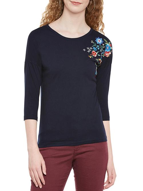 navy blue embroidered cotton regular tee - 14107571 - Very Small Image - 1
