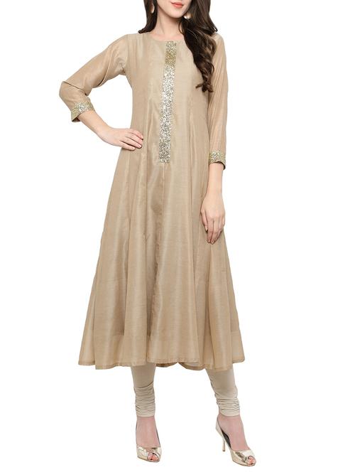 beige chanderi flared kurta - 14107790 - Very Small Image - 1