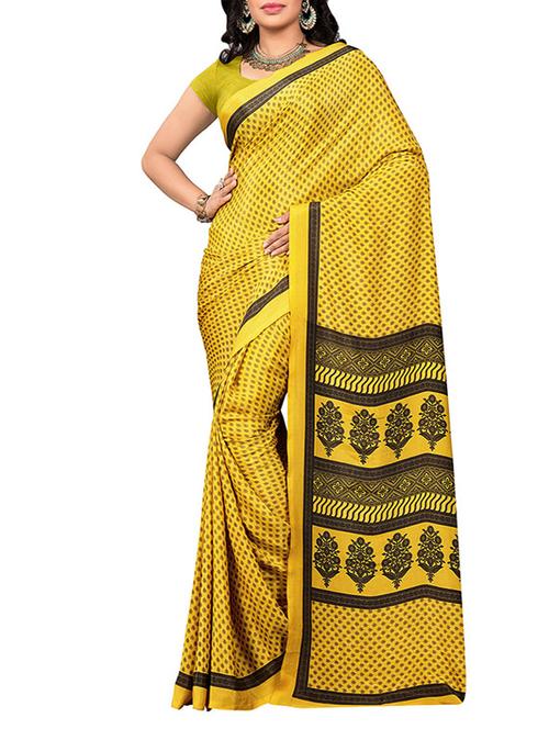 yellow crepe printed saree with blouse - 14111271 - Very Small Image - 1