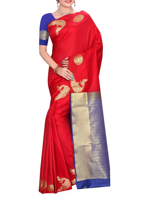 red art silk kanjivaram saree with blouse - 14112568 - Very Small Image - 1