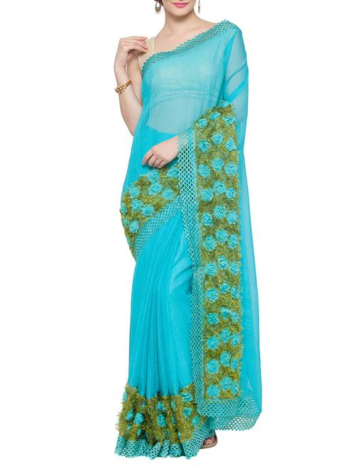 turquoise faux georgette bordered saree with blouse - 14115005 - Very Small Image - 1