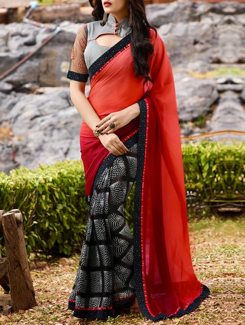 red georgette half and half saree - 14115615 - Very Small Image - 1