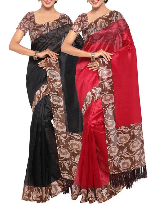 set of 2 multicolour tussar silk saree combo with blouse - 14118649 - Very Small Image - 1
