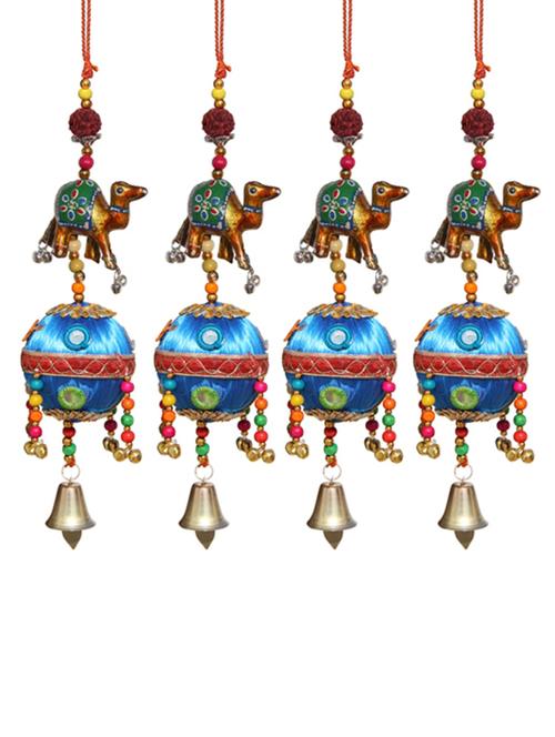 door hanging gloden camel with rudraksha beads blue resham ball with mirrors and metal bell set of 4 by handicrafts paradise - 14120294 - Very Small Image - 1