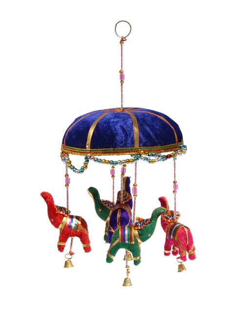 door hanging velvet cloth elephants with blue velvet tokri glass beads and metal bell - 14120350 - Very Small Image - 1