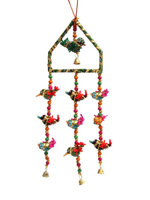 door hanging green chunari cloth bird in red bamboo triangle with three cloth bird strands and metal bells - 14120359 - Very Small Image - 1