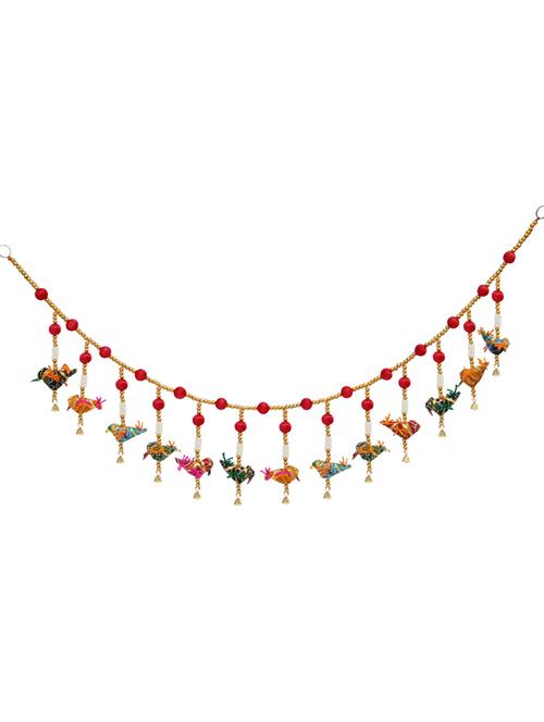 door hanging bandhanwar red beads with multiple cloth birds hanging - 14120367 - Very Small Image - 1