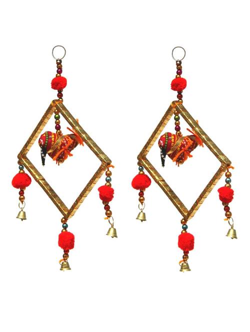 pair of door hanging red chunari cloth bird inside square shaped border with bells - 14120382 - Very Small Image - 1