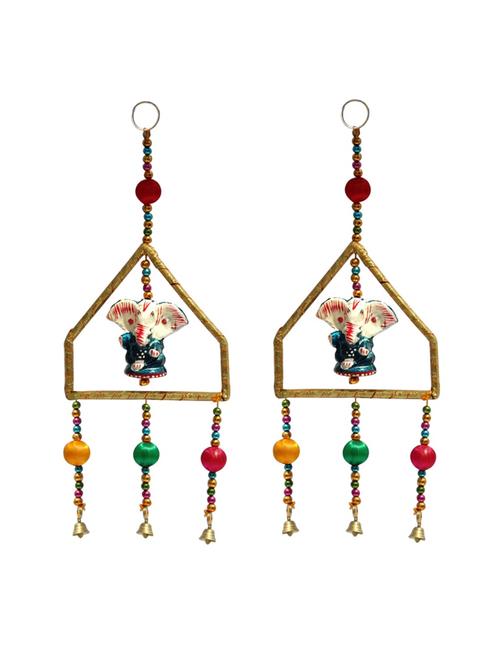 door hanging pair blue ganesha with decorative beads and metal bell - 14120392 - Very Small Image - 1