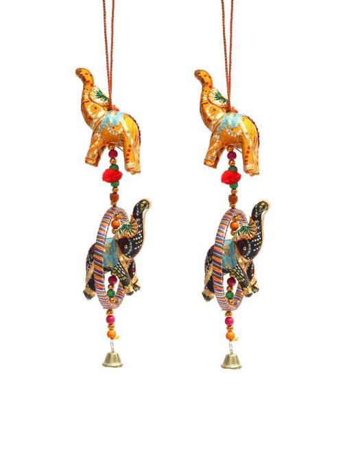 door hanging pair of yellow and black cloth elephants with  a ring and metal bell - 14120397 - Very Small Image - 1