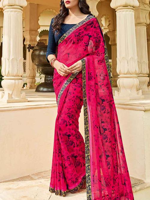 pink georgette printed saree with blouse - 14123650 - Very Small Image - 1