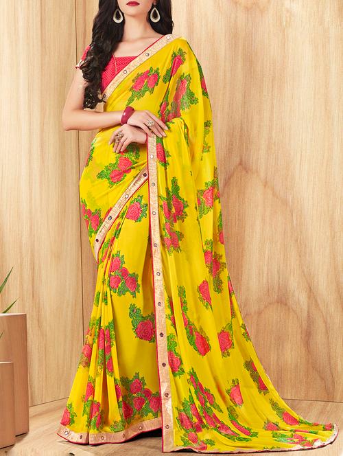 yellow printed saree with blouse - 14124120 - Very Small Image - 1