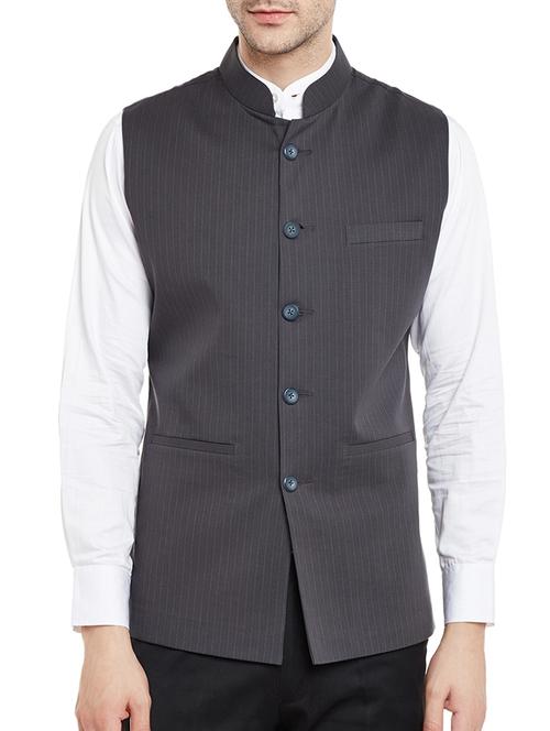 grey polyester blend nehru jacket - 14125414 - Very Small Image - 1