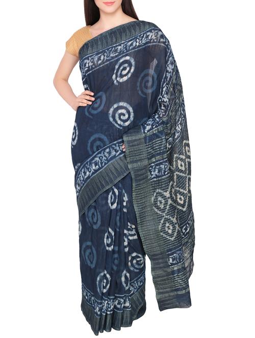 indigo blue batik print cotton silk ?saree with blouse - 14125579 - Very Small Image - 1