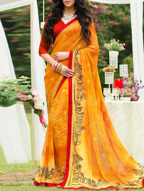 Contrast bordered printed saree with blouse - 14126180 - Very Small Image - 1