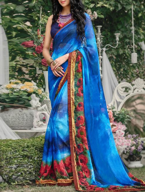 blue georgette printed saree with blouse - 14126191 - Very Small Image - 1