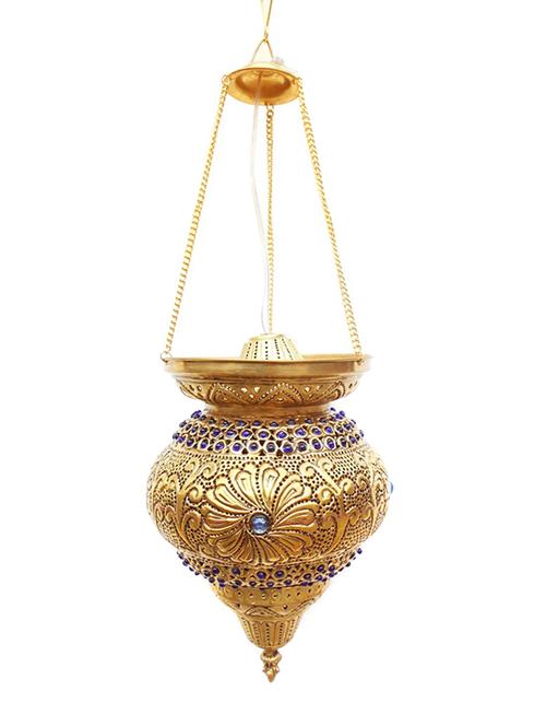 brass metal hanging lantern adorned with glass beads and intricate carving - 14127282 - Very Small Image - 1