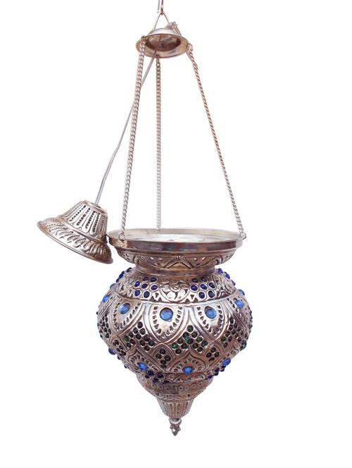 majestic silver antique hanging lantern with colorful glass stone work - 14127283 - Very Small Image - 1