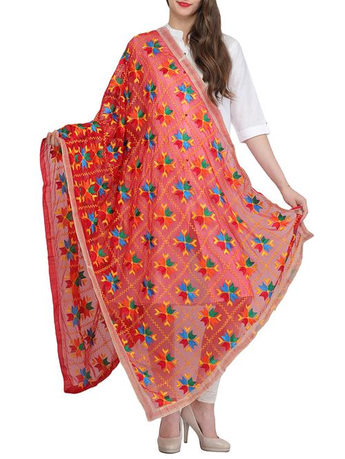 red poly chiffon phulkari dupatta - 14127370 - Very Small Image - 1