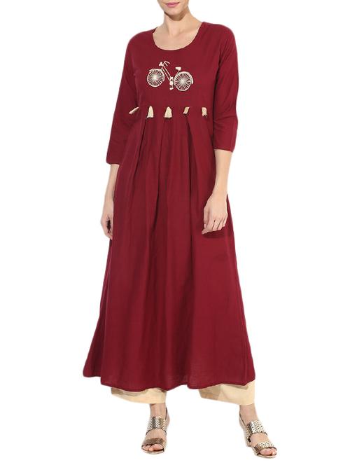 maroon cotton flared kurta - 14128798 - Very Small Image - 1