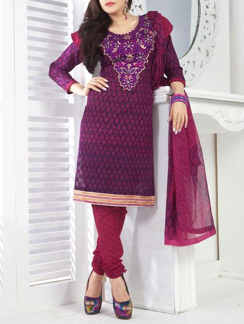 purple cotton embroidered dress material - 14131302 - Very Small Image - 1