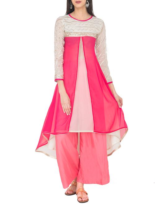 pink georgette high-low kurta - 14136144 - Very Small Image - 1