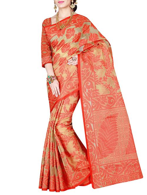 orange cotton blend saree with blouse - 14136487 - Very Small Image - 1