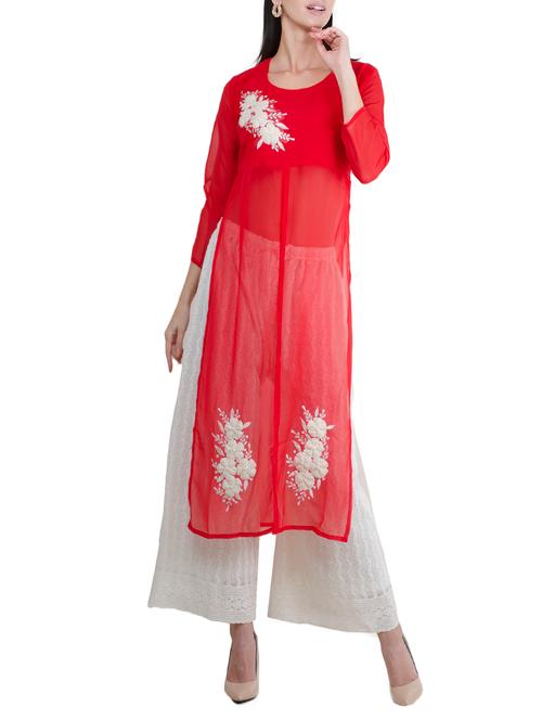 red poly georgette high slit kurta - 14137658 - Very Small Image - 1