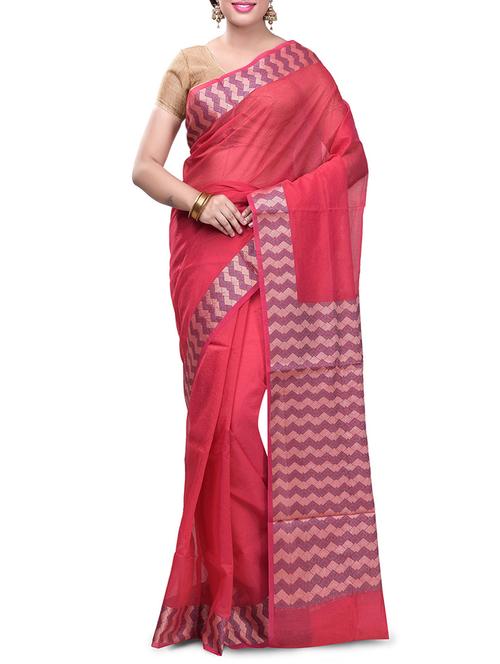 red cotton blend woven saree with blouse - 14139161 - Very Small Image - 1