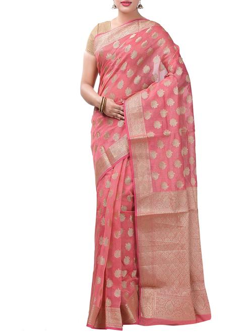 pink cotton blend banarasi saree - 14139212 - Very Small Image - 1