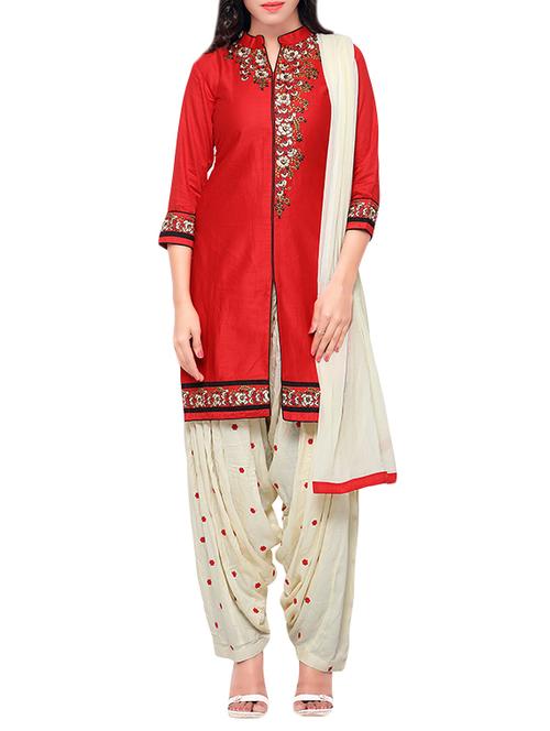 red cotton salwar suit unstitched - 14139950 - Very Small Image - 1