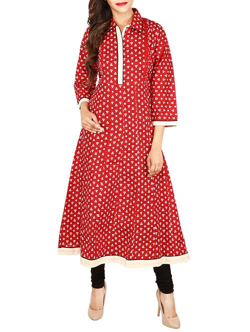 red cotton anarkali kurta - 14139974 - Very Small Image - 1