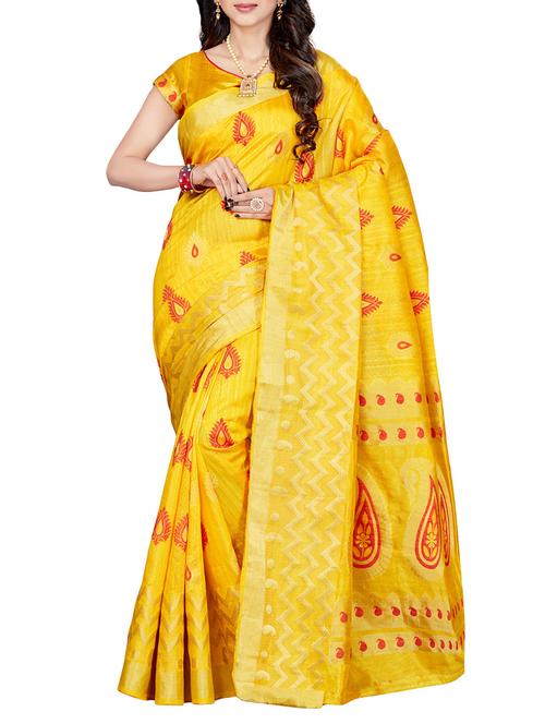 yellow woven saree with blouse - 14140222 - Very Small Image - 1