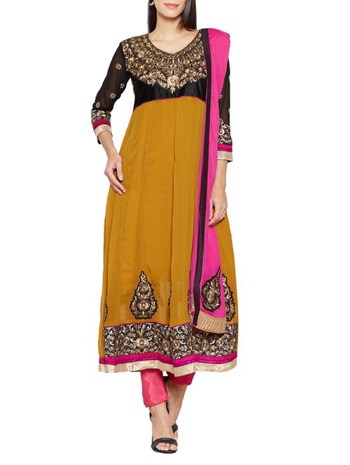 mustard georgette anarkali suits unstitched suit - 14144990 - Very Small Image - 1